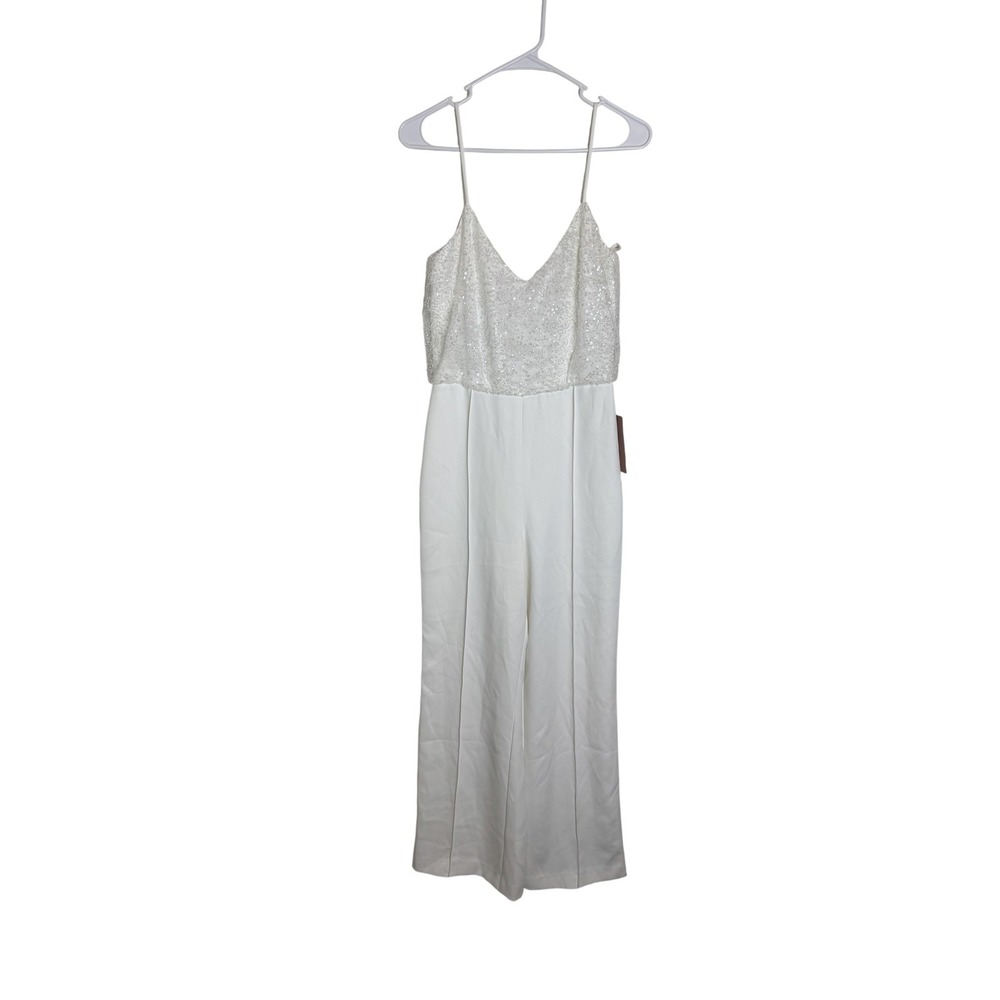 Amsale Little White Dress Jumpsuit Womens 4 White Sequin Bridal Wide Leg Wedding
